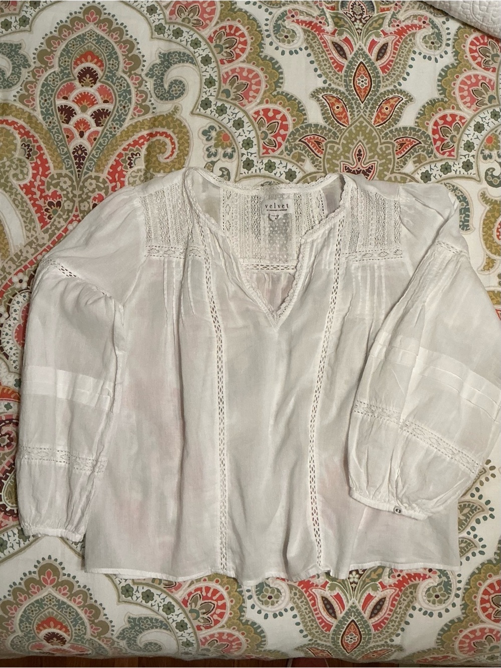 Velvet by Graham & Spencer Pia Blouse White Eyelet Lace V-Neck Boho Top, S - Picture 7 of 14